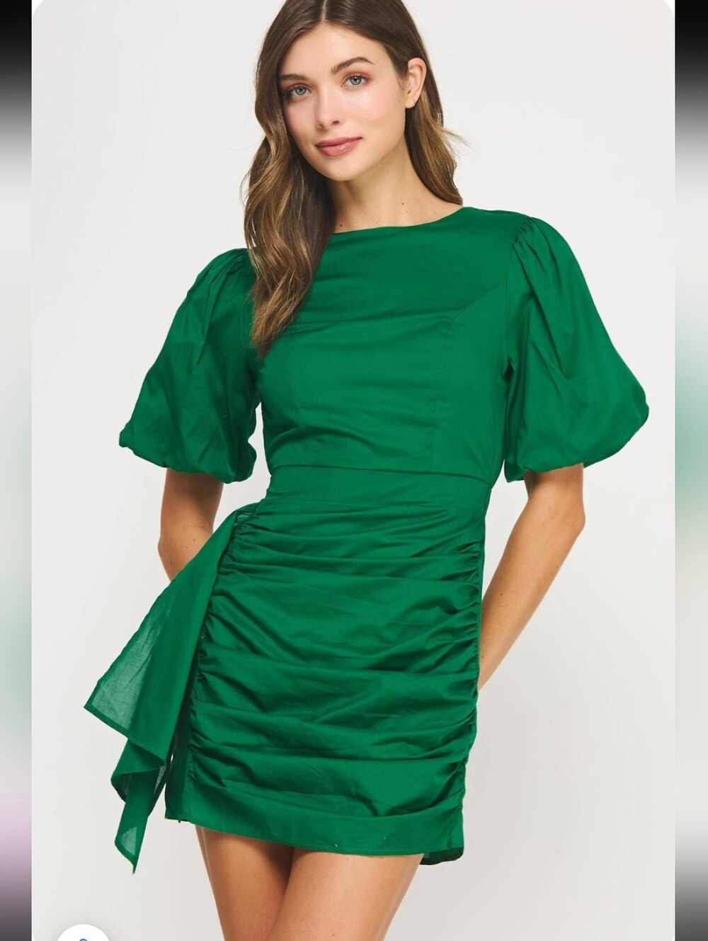 Strut & Bolt Kelly Green Ruched Side Gathering Short Sleeve Square Neck Dress M